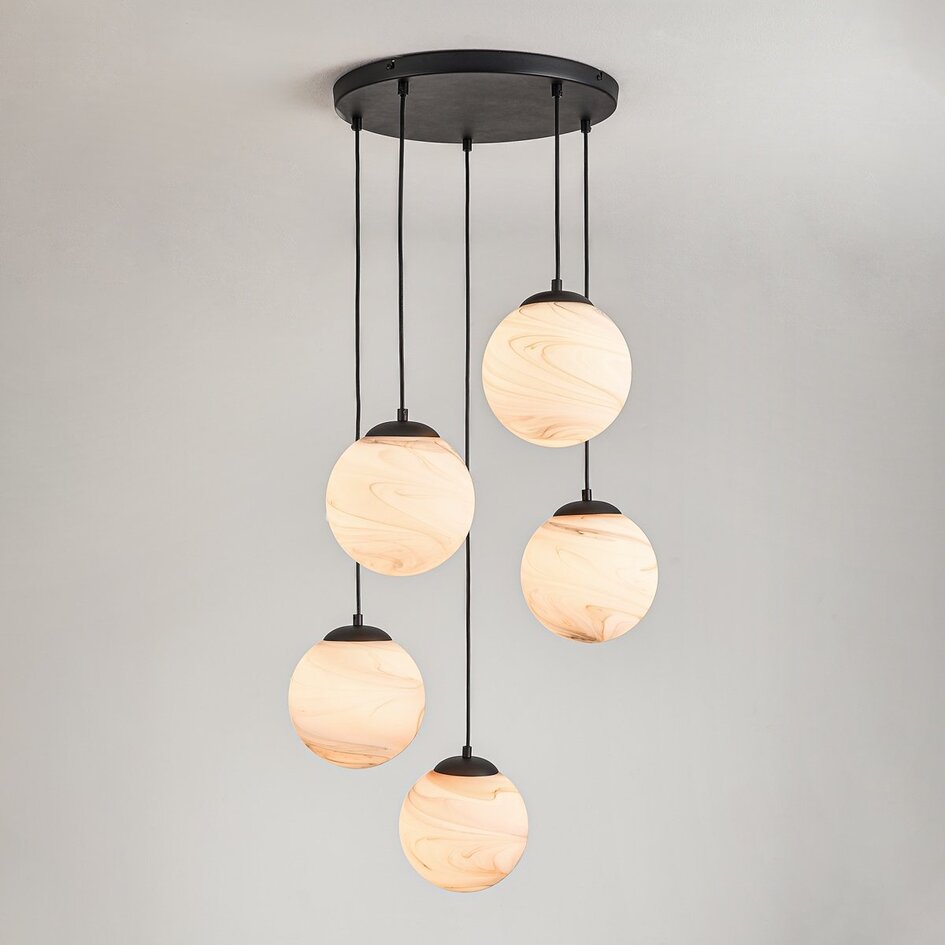 5-lichts moderne hanglamp Marbelle zwart met marmerlook glas