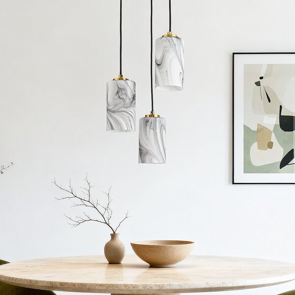3-lichts hanglamp Vetra met marmerlook glazen kappen – messing goud en zwart