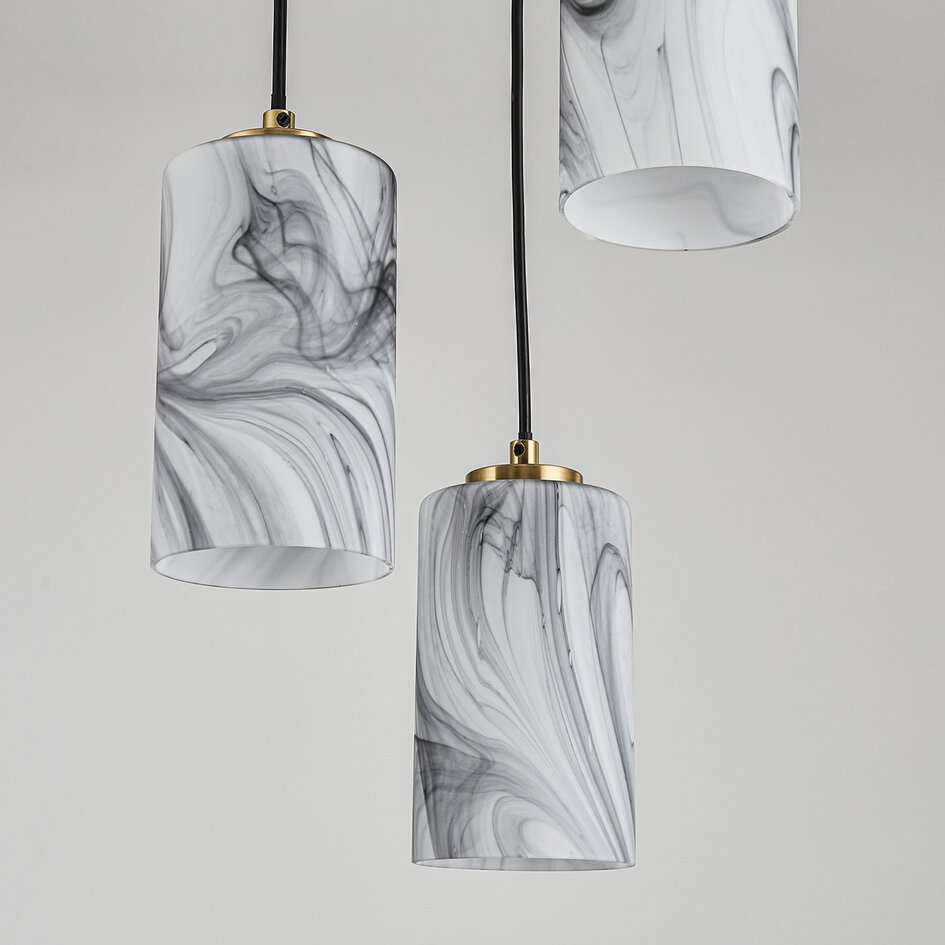 3-lichts hanglamp Vetra met marmerlook glazen kappen – messing goud en zwart