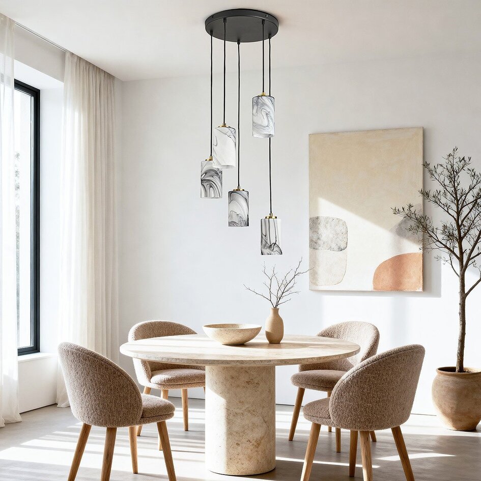 Moderne hanglamp Vetra 5-lichts met marmerlook glazen kappen – messing goud en zwart