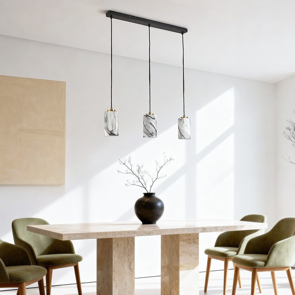 3-lichts hanglamp Vetra met marmerlook glazen kappen – messing goud en zwart