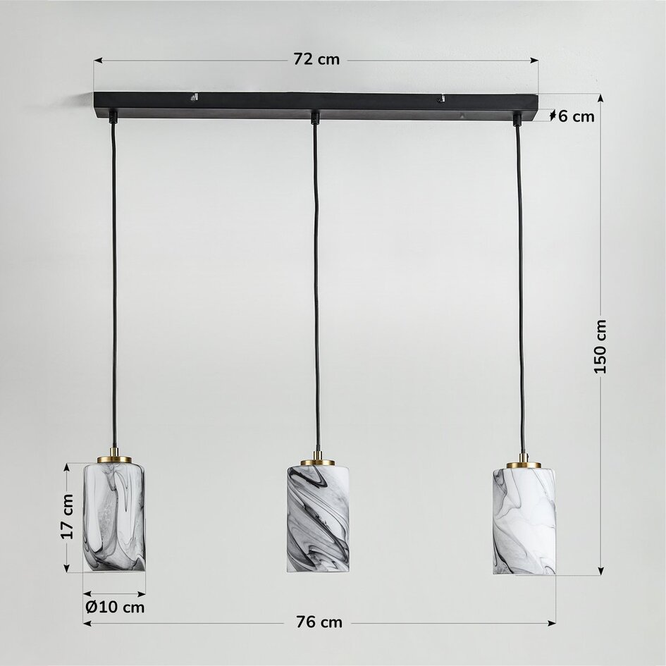 Suspension à 3 lumières Vetra avec abat-jours en verre aspect marbre – laiton doré et noir