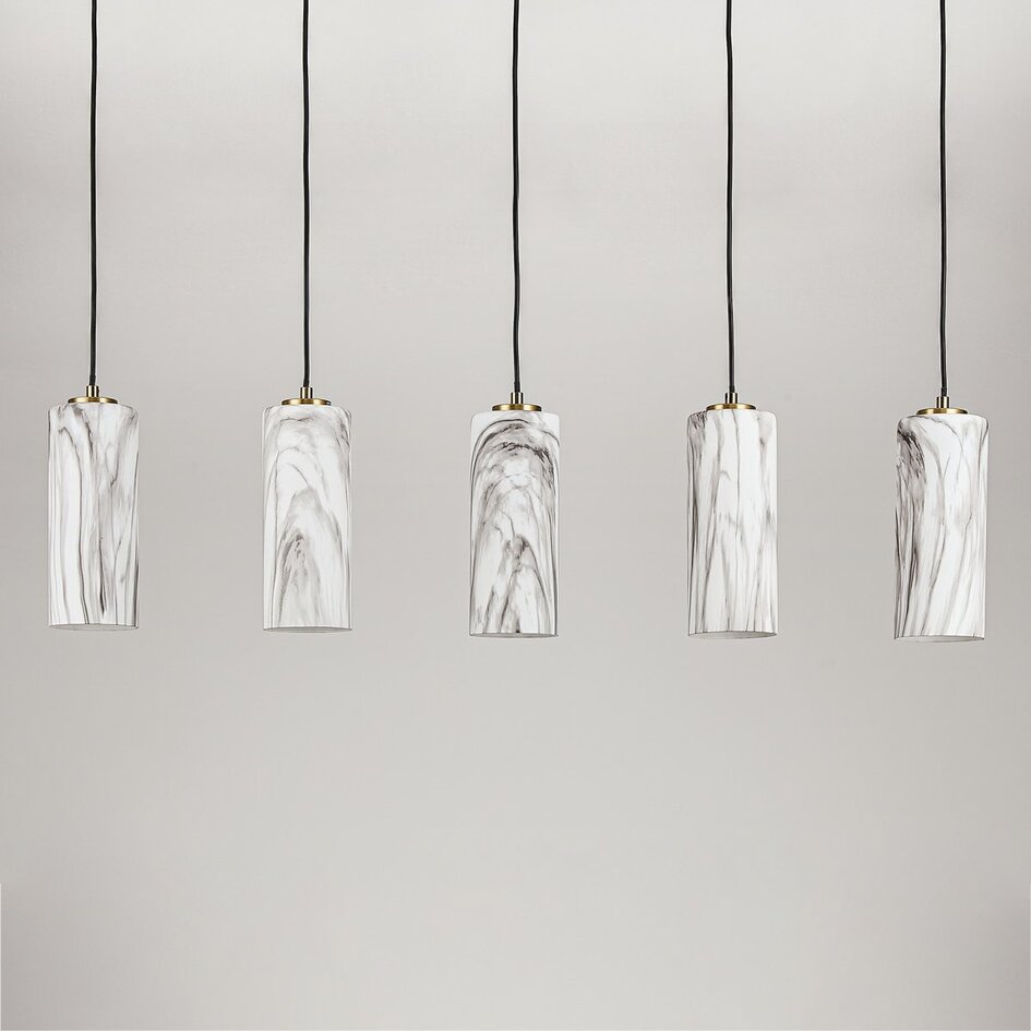 Suspension Vetra à 5 lumières - abat-jour en verre aspect marbre, laiton doré et noir
