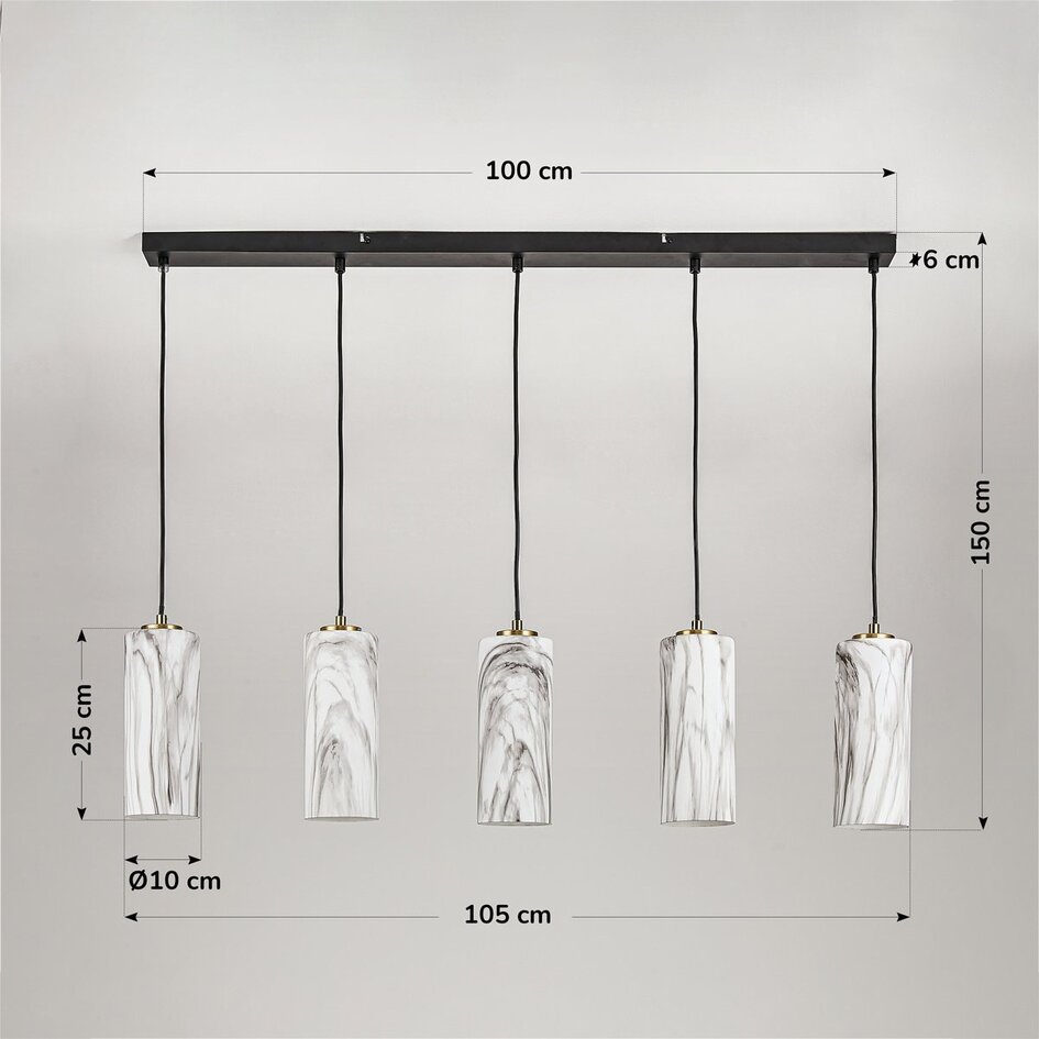 Suspension Vetra à 5 lumières - abat-jour en verre aspect marbre, laiton doré et noir