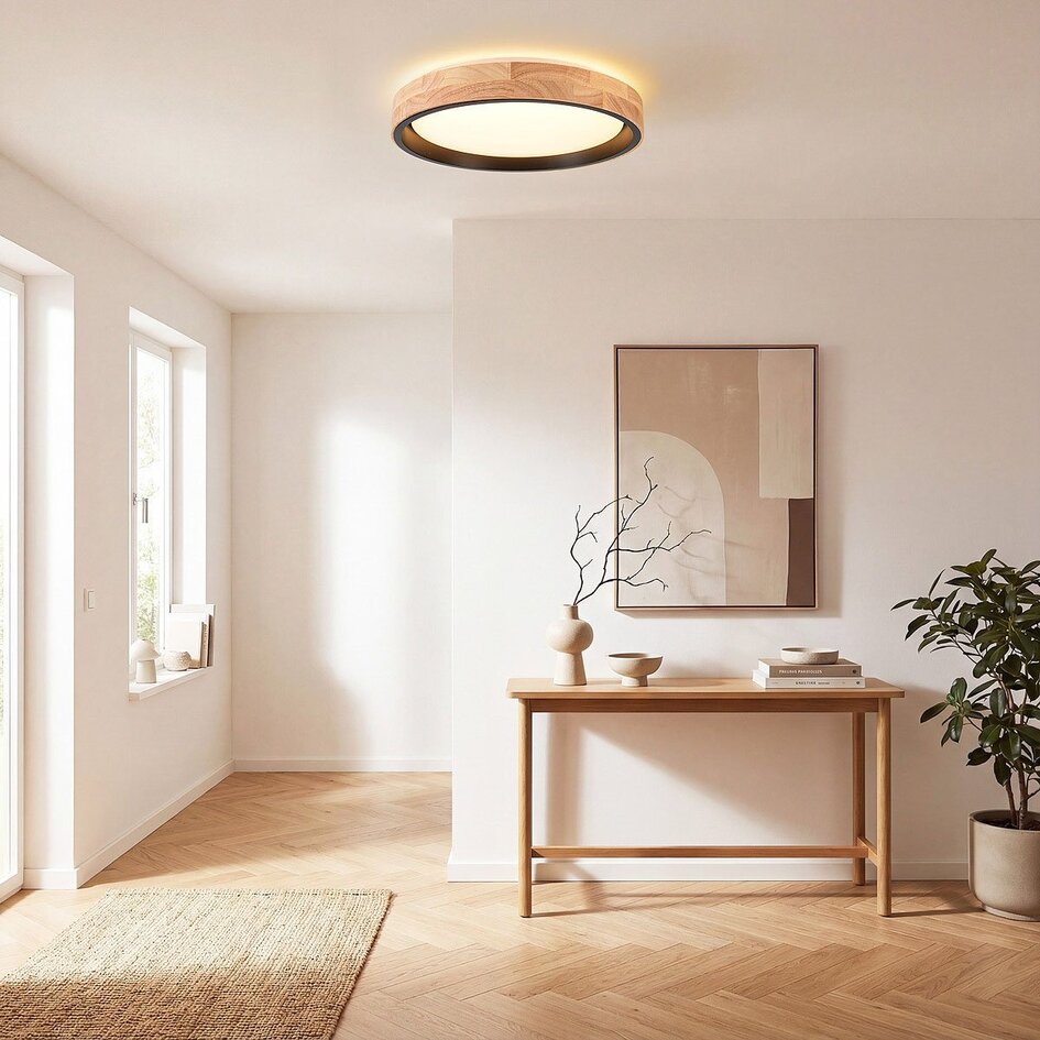 3-staps dimbare plafondlamp Tirano in zwart met eikenhoutlook afwerking – Ø41 cm