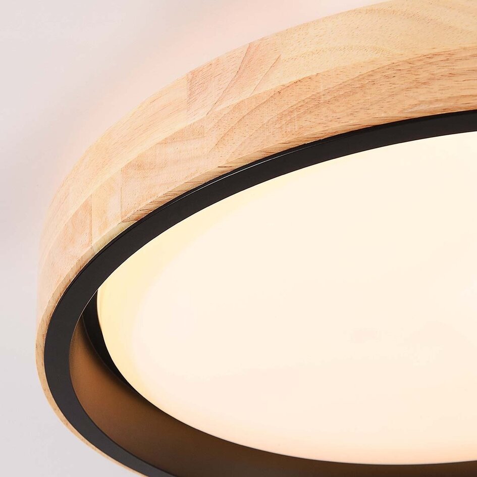 3-staps dimbare plafondlamp Tirano in zwart met eikenhoutlook afwerking – Ø41 cm