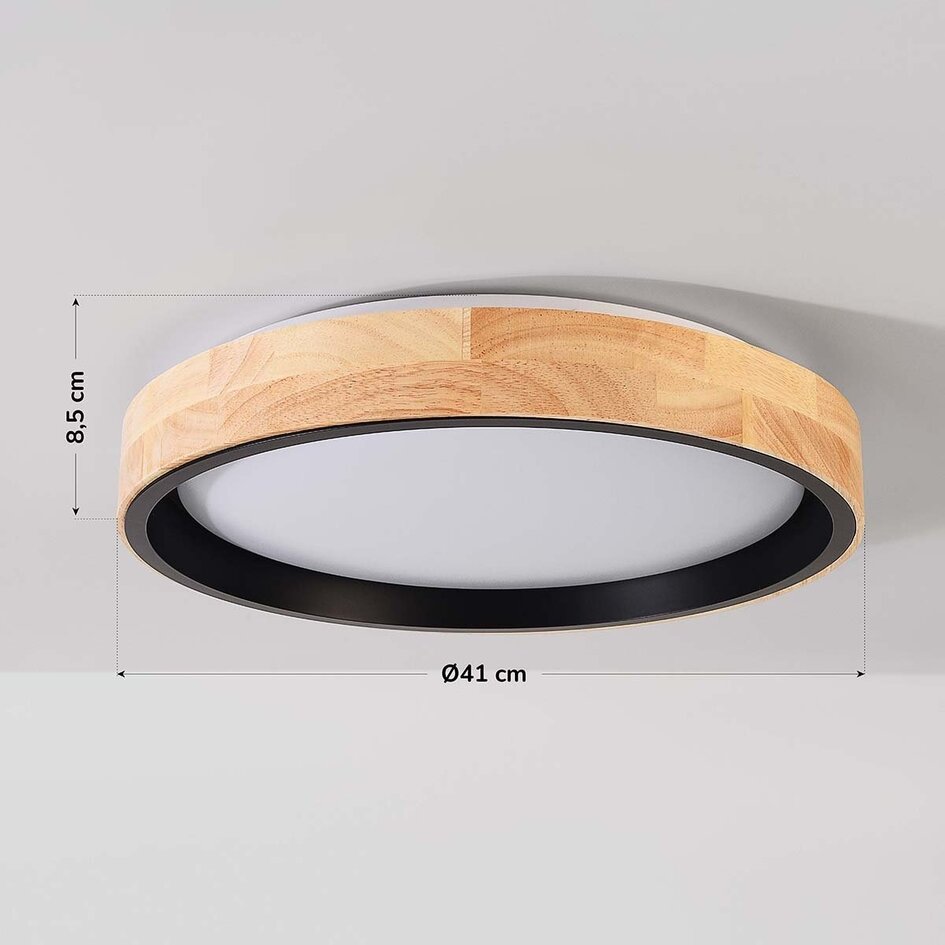 Plafonnier dimmable à 3 étapes Tirano, noir avec finition aspect chêne – Ø41 cm