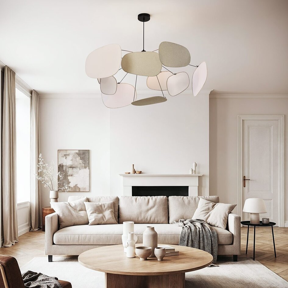 Hanglamp Zandor – naturel linnen kappen in wit en lichtgrijs