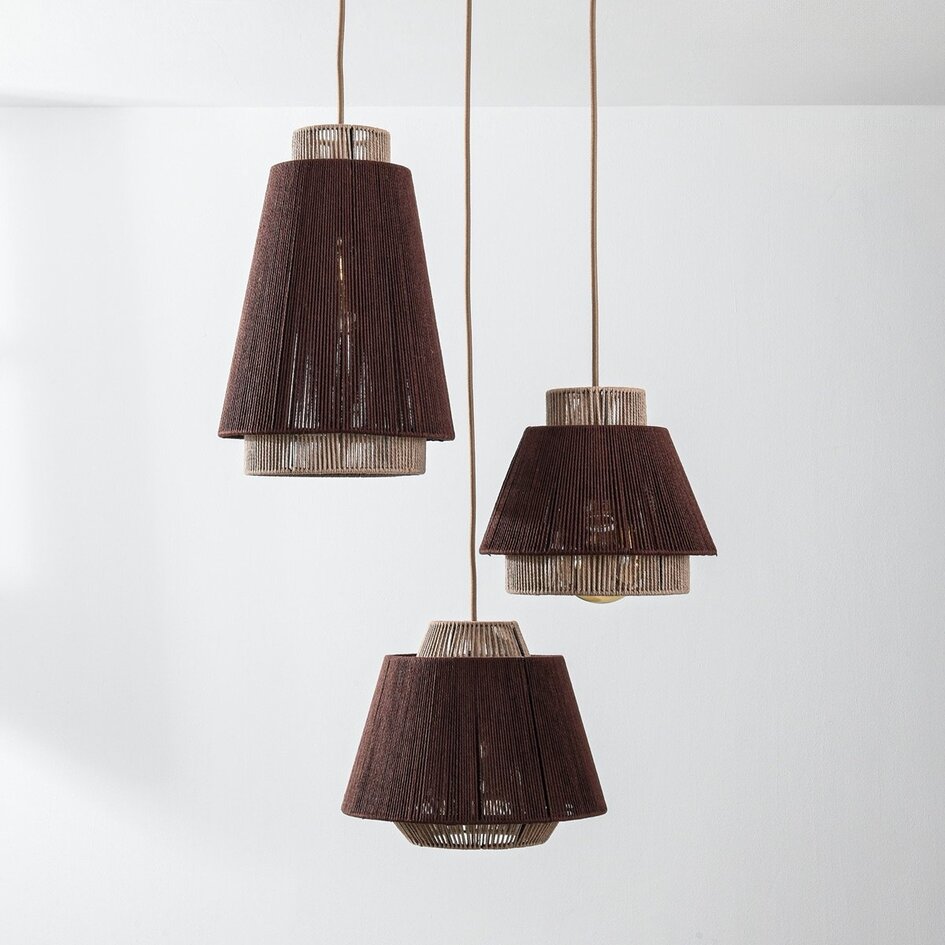 Boho 3-lichts hanglamp Yra met katoentouw in warme taupe en donkerbruin