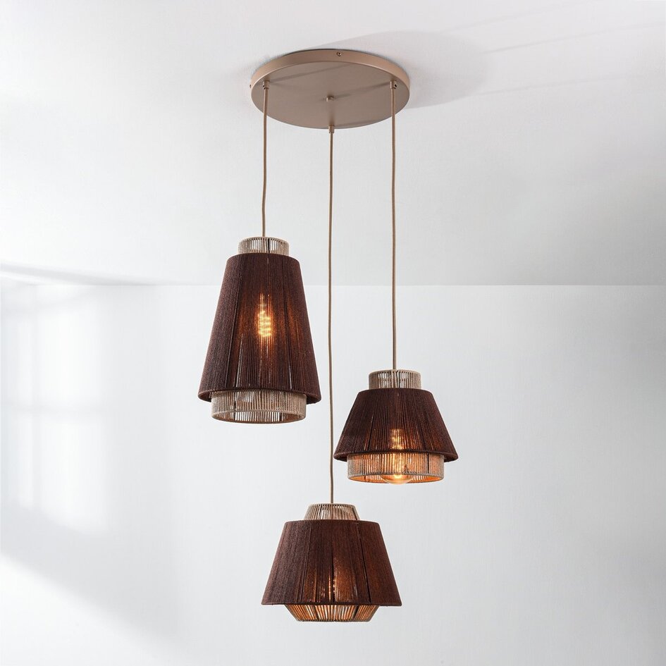 Boho 3-lichts hanglamp Yra met katoentouw in warme taupe en donkerbruin