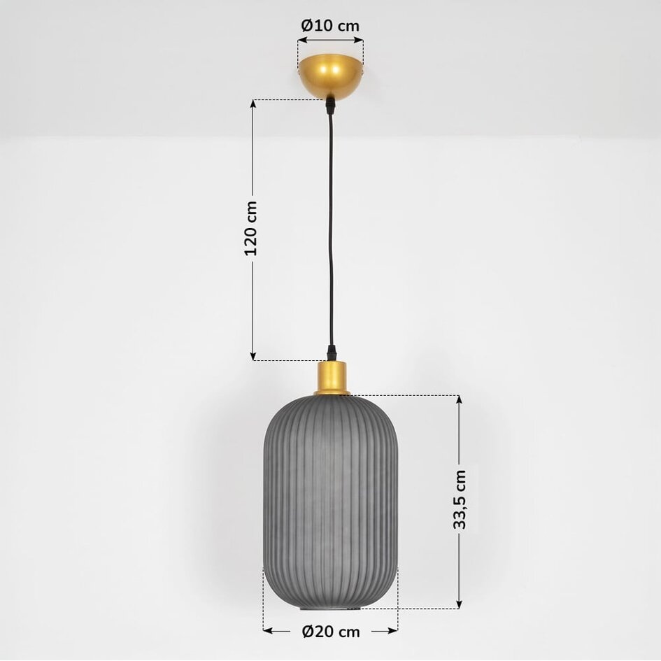 Retro hanglamp Doran van geribbeld glas - grijs en goud