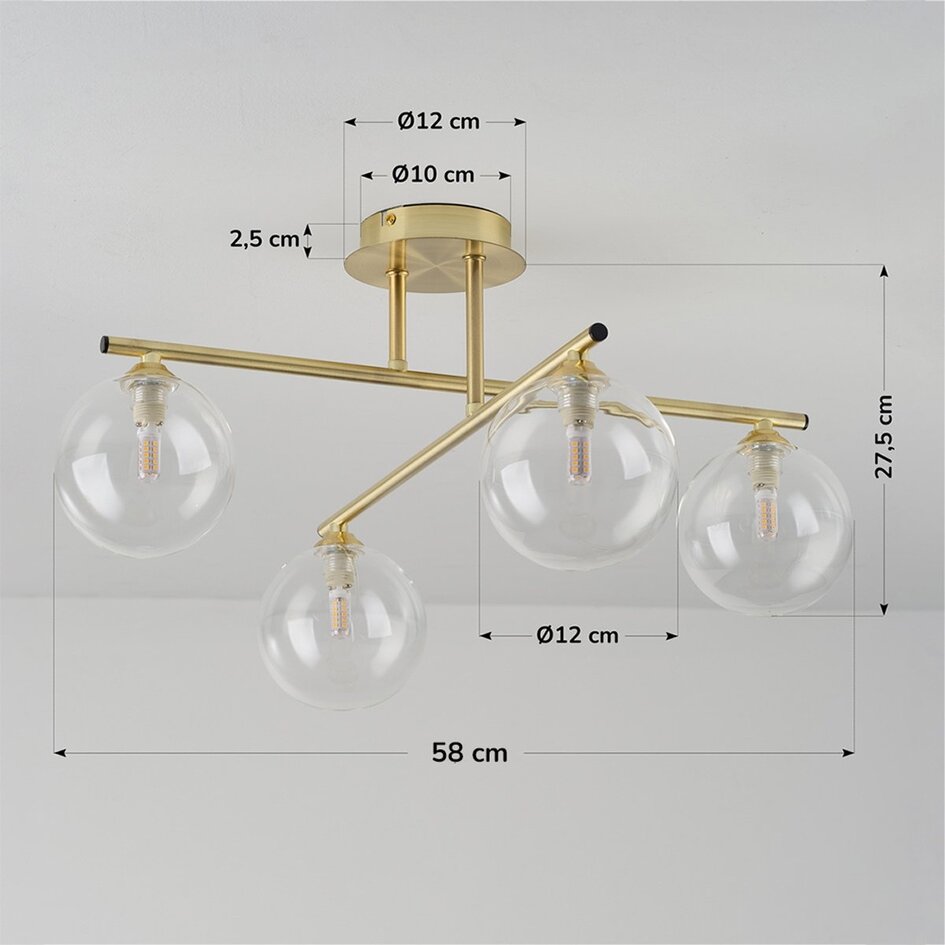 Plafonnier élégant doré avec 4 globes en verre transparent - Nymo