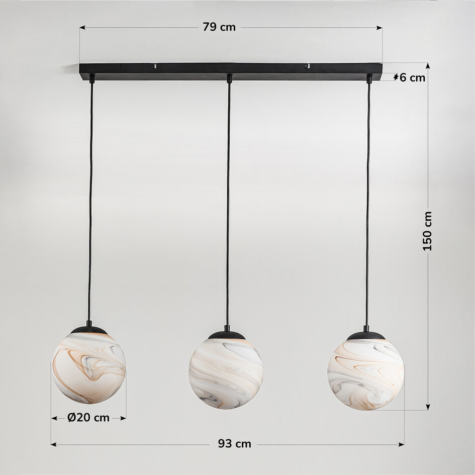Hanglamp Marbelle 3-lichts met marmerlook glas – zwart