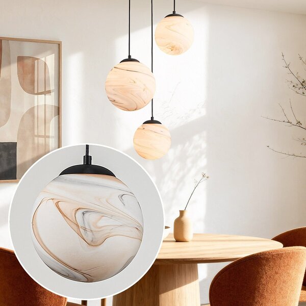 Suspension design Marbelle noire avec verre aspect marbre – 3 lumières