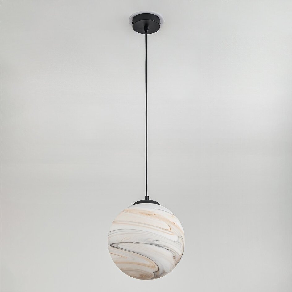 1-lichts hanglamp Marbelle zwart met marmerlook glas