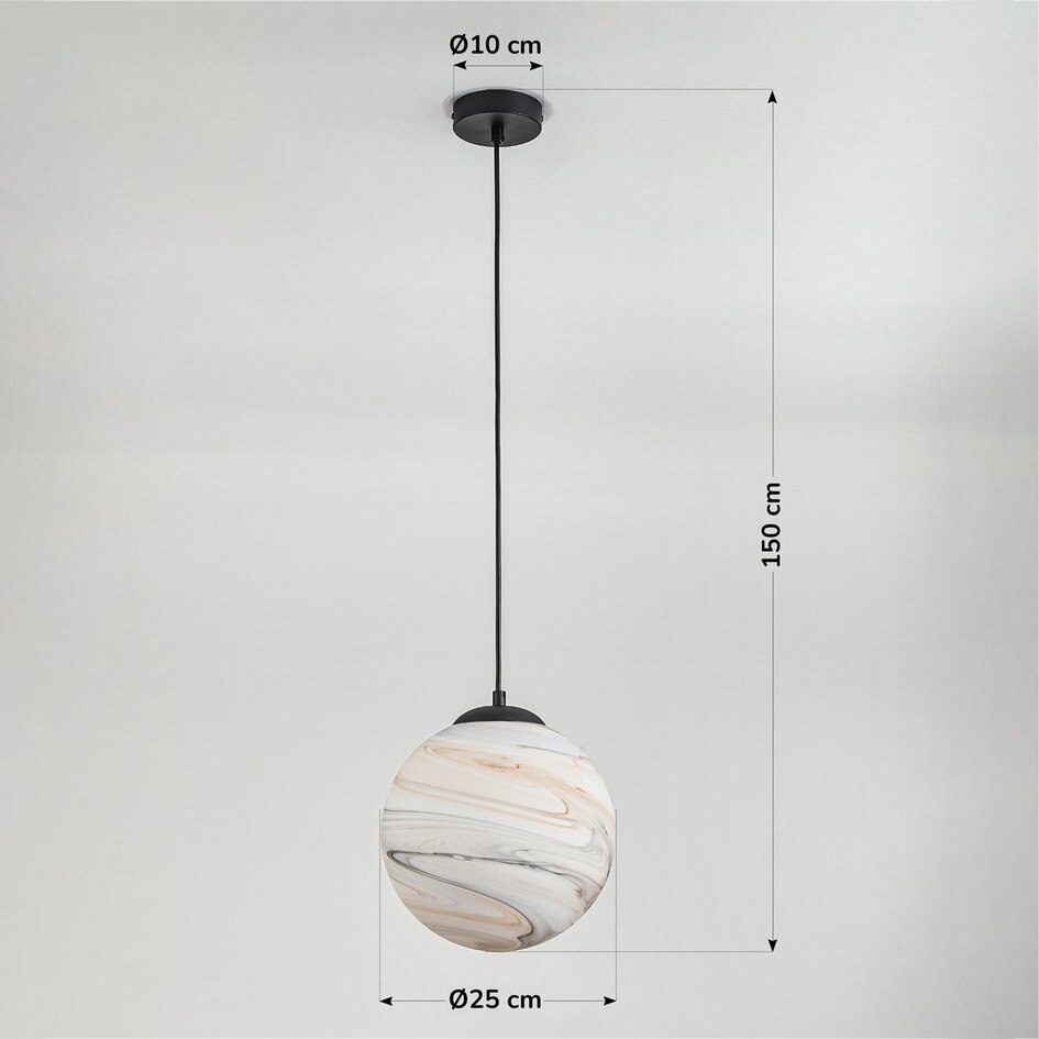 1-lichts hanglamp Marbelle zwart met marmerlook glas
