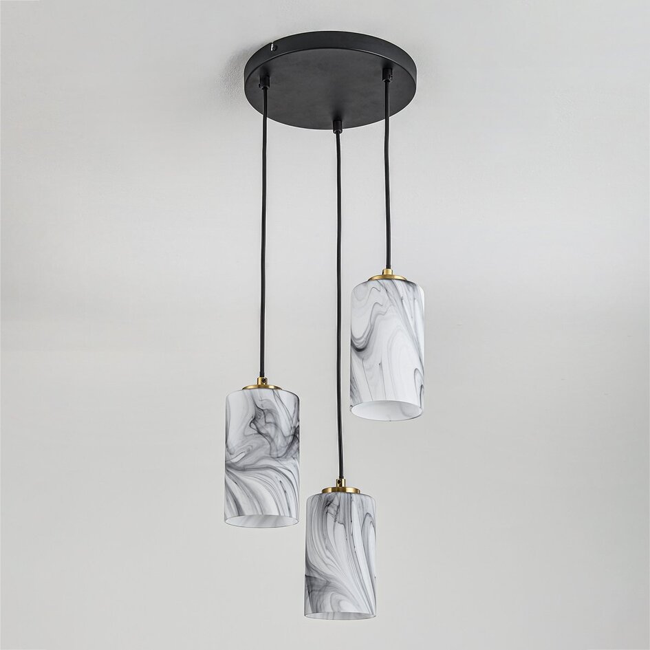 3-lichts hanglamp Vetra met marmerlook glazen kappen – messing goud en zwart