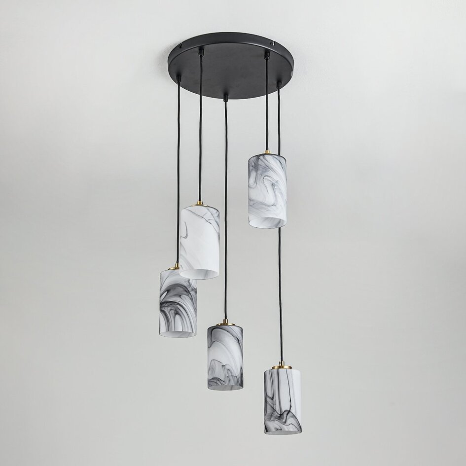 5-lichts hanglamp Vetra - marmerlook glas met messing goud en zwart