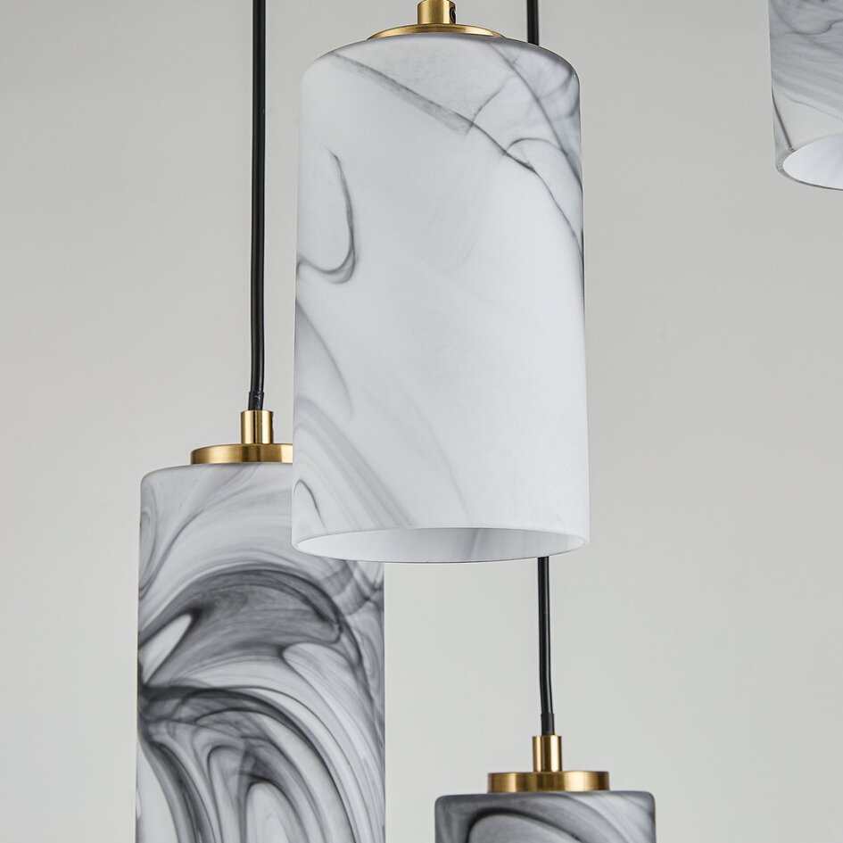 Moderne hanglamp Vetra 5-lichts met marmerlook glazen kappen – messing goud en zwart