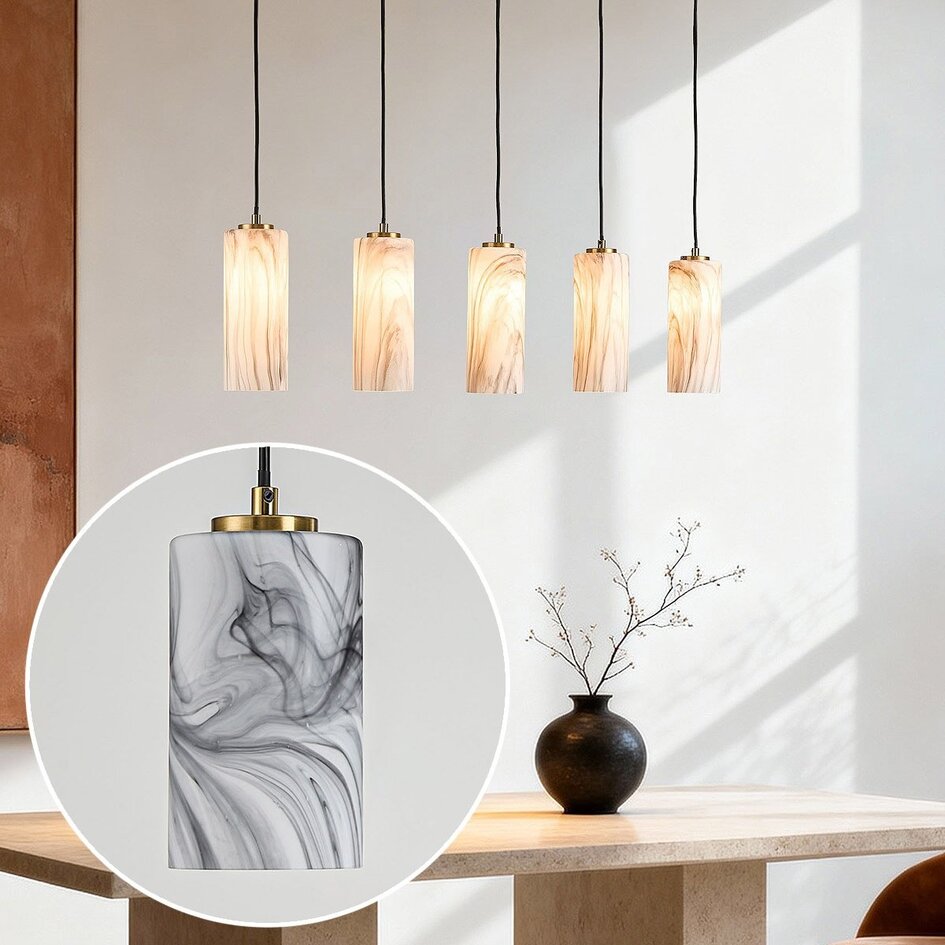Hanglamp Vetra met marmerlook glazen kappen  5-lichts – messing goud en zwart