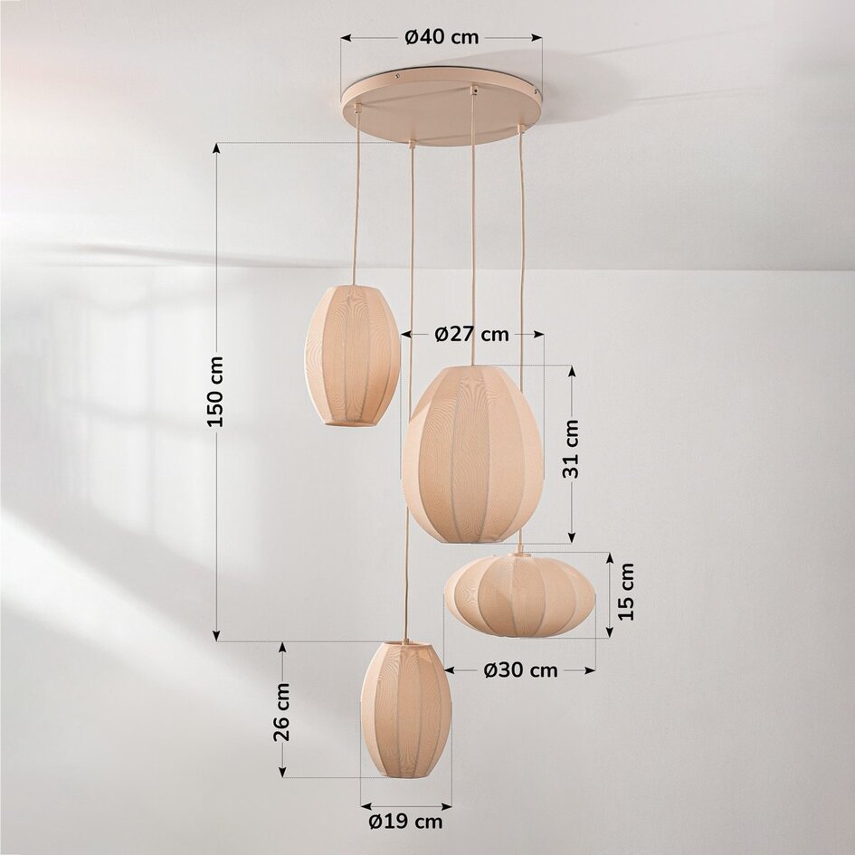 Japandi hanglamp Fero – 4-lichts met beige linnen kappen