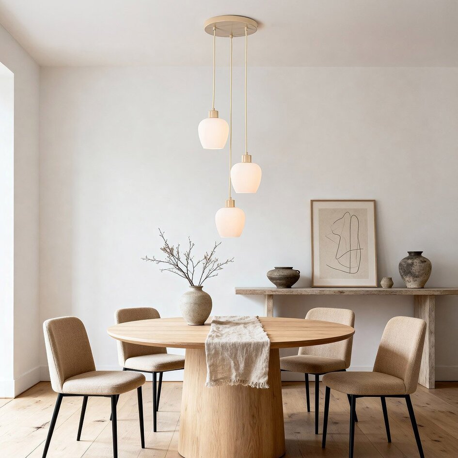 Suspension moderne Stockton - beige avec verre blanc laiteux, 3 lumières