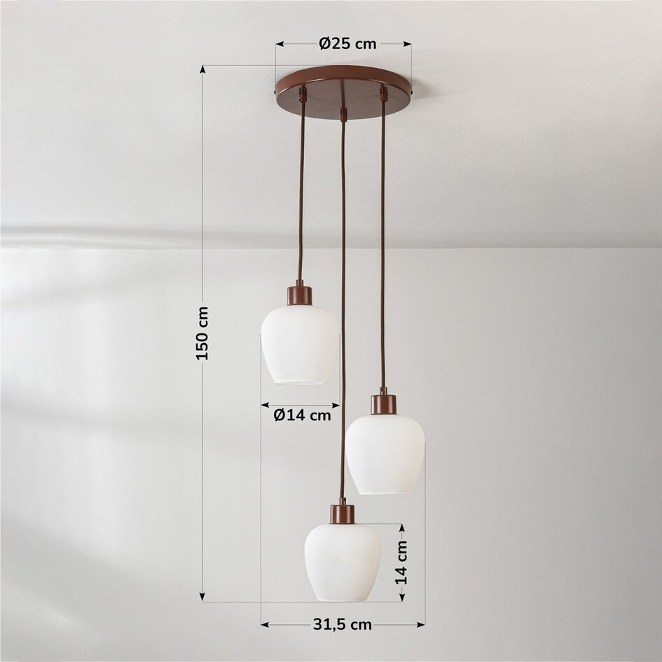 Suspension moderne Stockton - marron avec verre blanc laiteux, 3 lumières