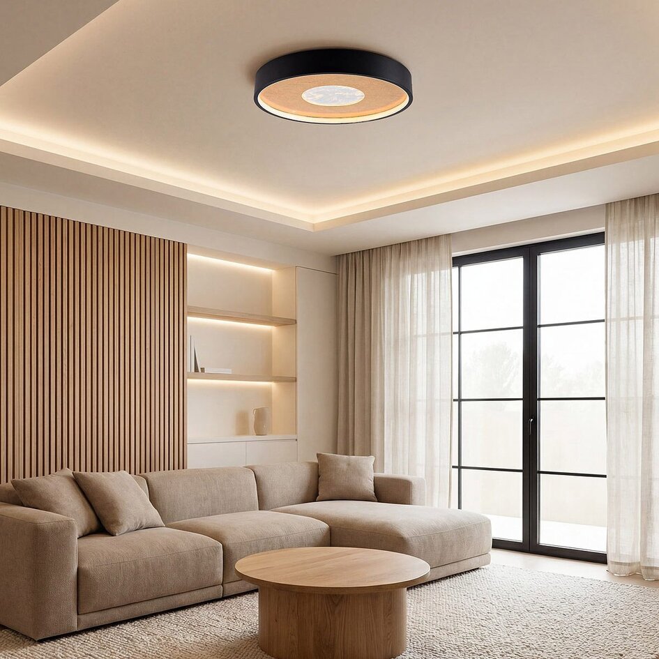 Plafonnier Cercul Ø40 cm noir avec effet feuille d'or – dimmable à 3 étapes