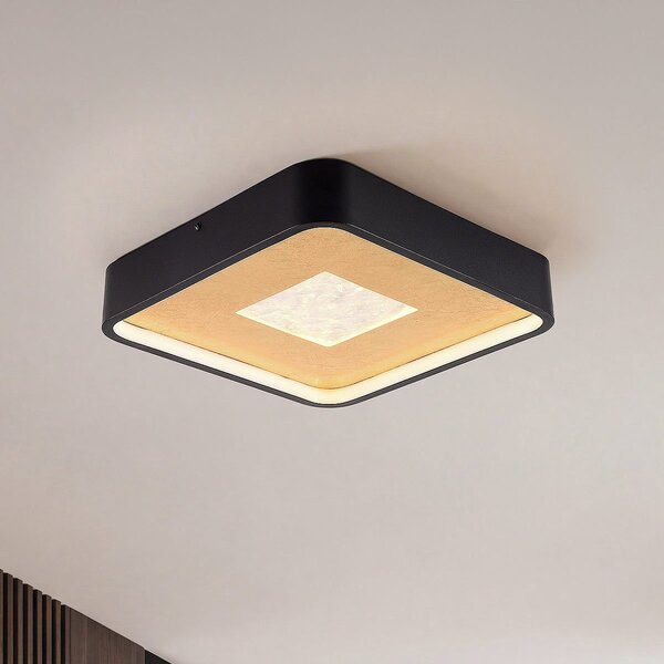 Plafondlamp Cercal 30 × 30 cm zwart met bladgoud-effect en 3-staps dimbaar