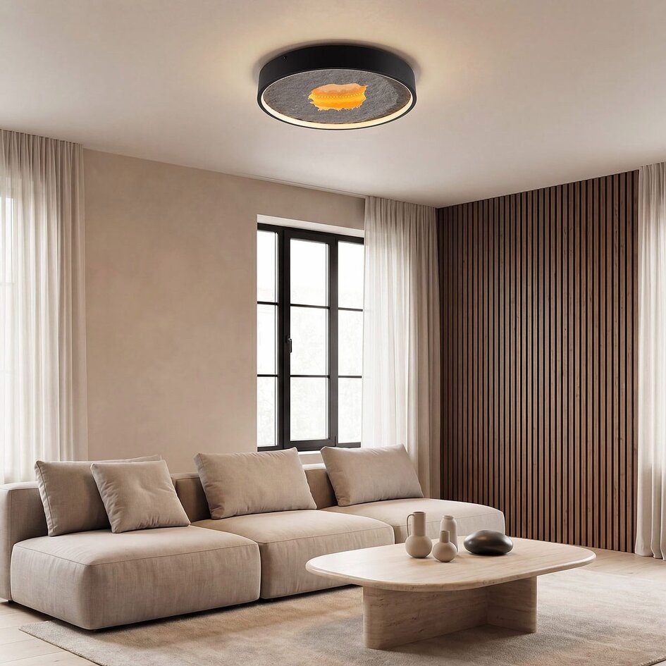 Plafondlamp Cercul Ø40 cm zwart met grijs steeneffect, bladgoud-effect en 3-staps dimbaar