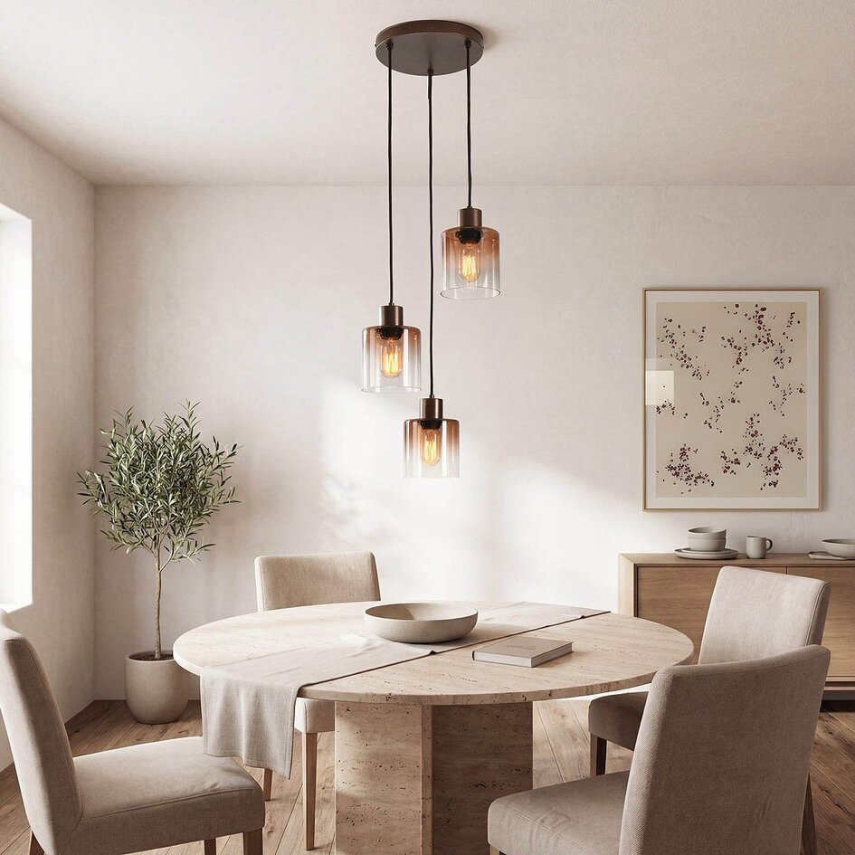 Design hanglamp Pella met drie glazen kappen in bruin ombre-effect