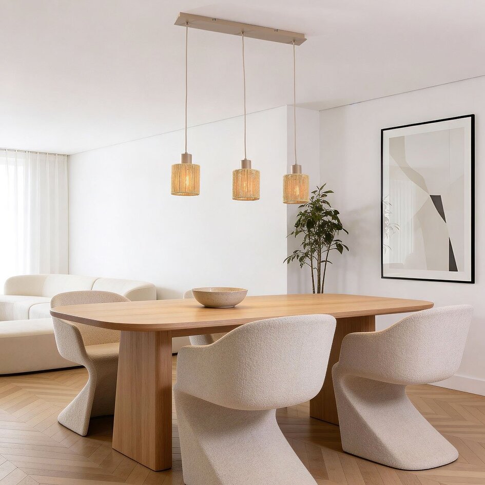 Suspension à 3 lumières Carrizo en beige avec corde en papier tissé