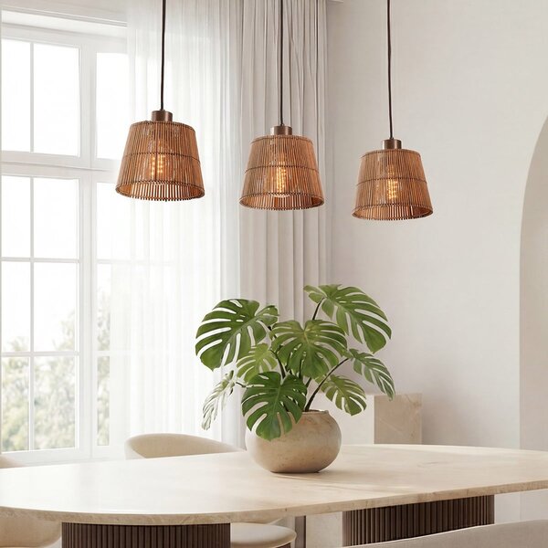 3-lichts hanglamp Veya met naturel bamboe kappen en warm brons