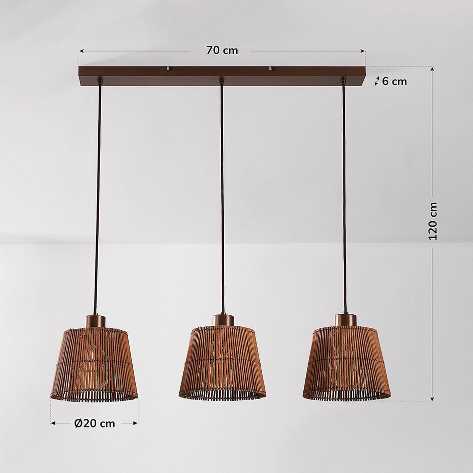 3-lichts hanglamp Veya met naturel bamboe kappen en warm brons