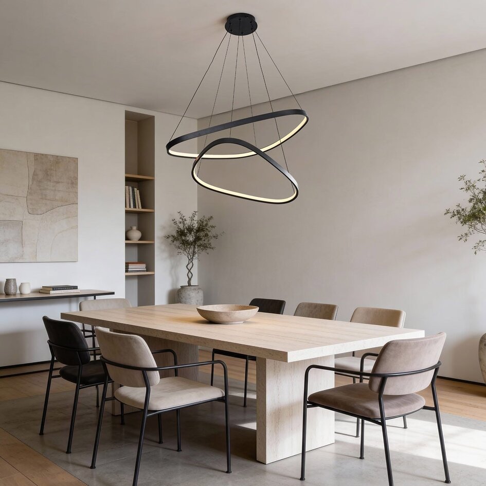 3-staps dimbare design hanglamp Nivara met dubbele LED-ringen in zwart