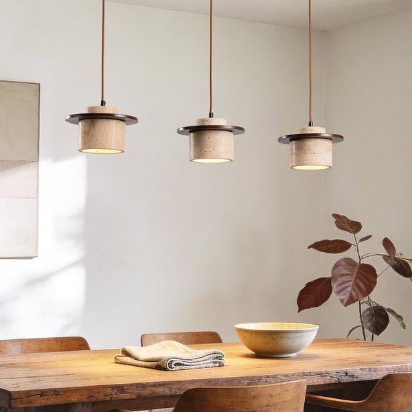 Suspension japandi à 3 lumières Travano en travertin (pierre naturelle) et bois