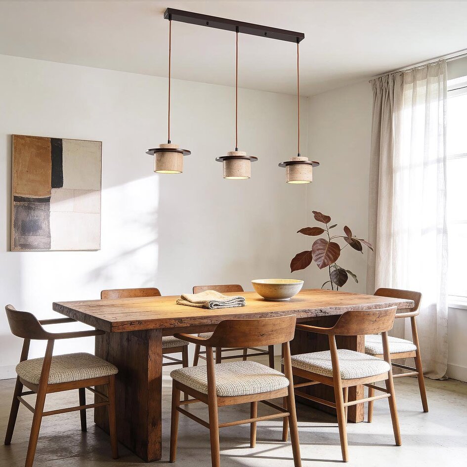 3-lichts japandi hanglamp Travano van travertin (natuursteen) en hout