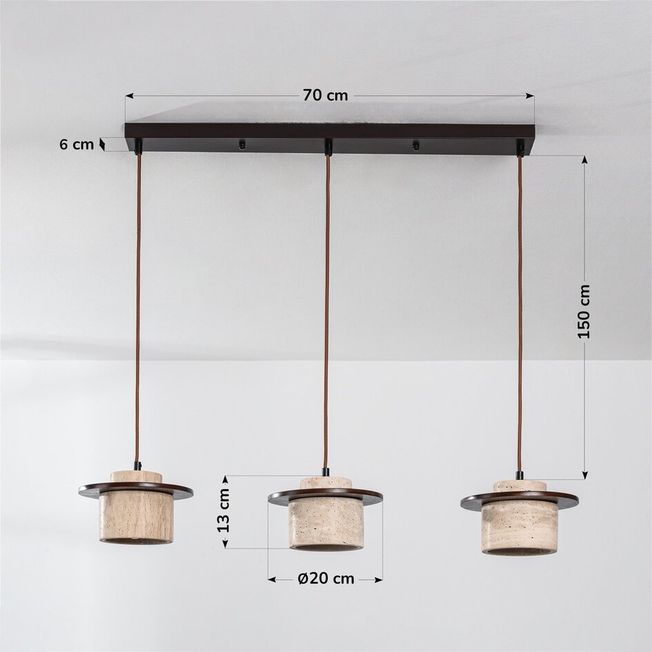 Suspension Japandi Travano à 3 lumières en travertin (pierre naturelle) et bois
