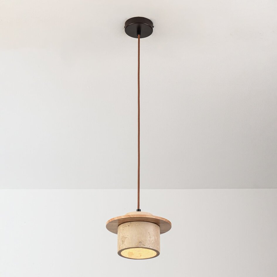 Japandi hanglamp Travia van travertin (natuursteen) en licht hout