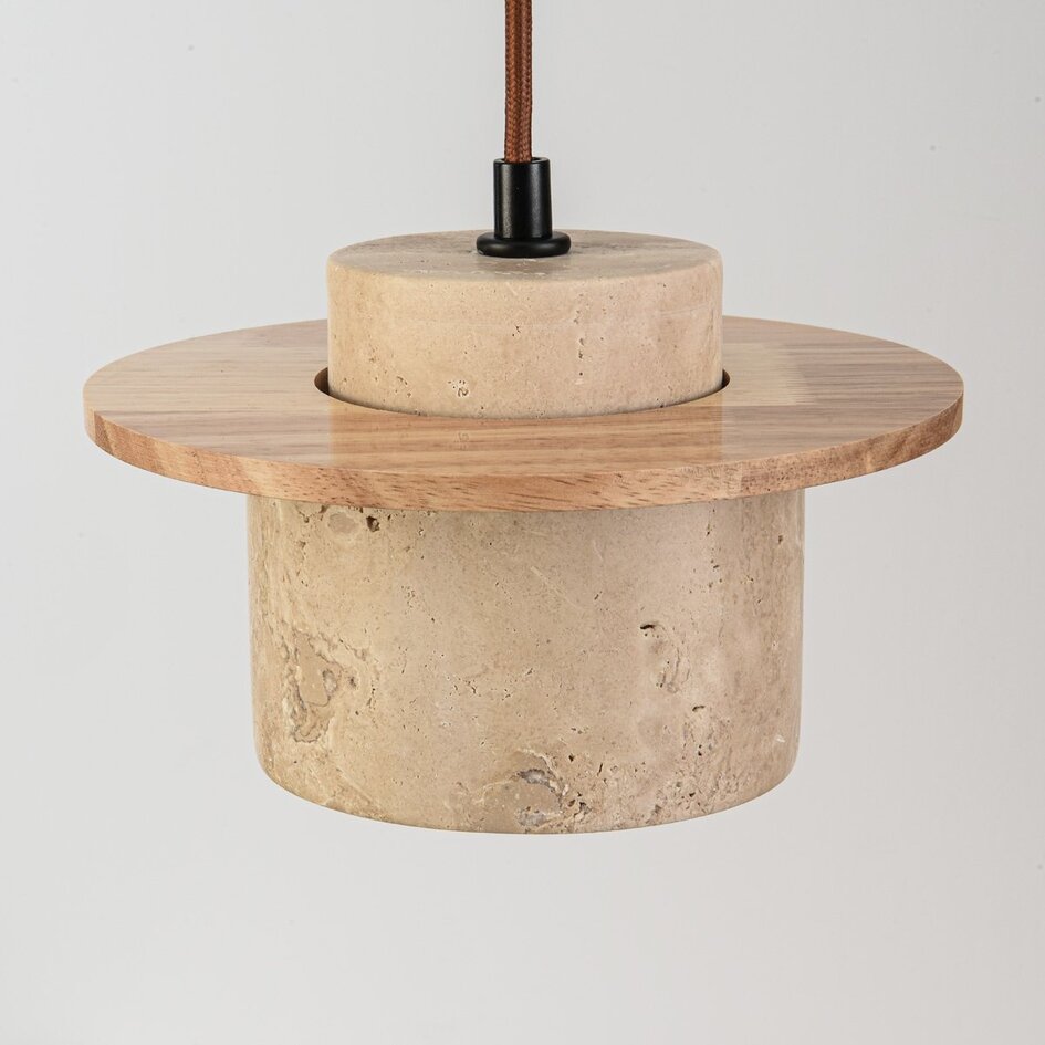 Japandi hanglamp Travia van travertin (natuursteen) en licht hout