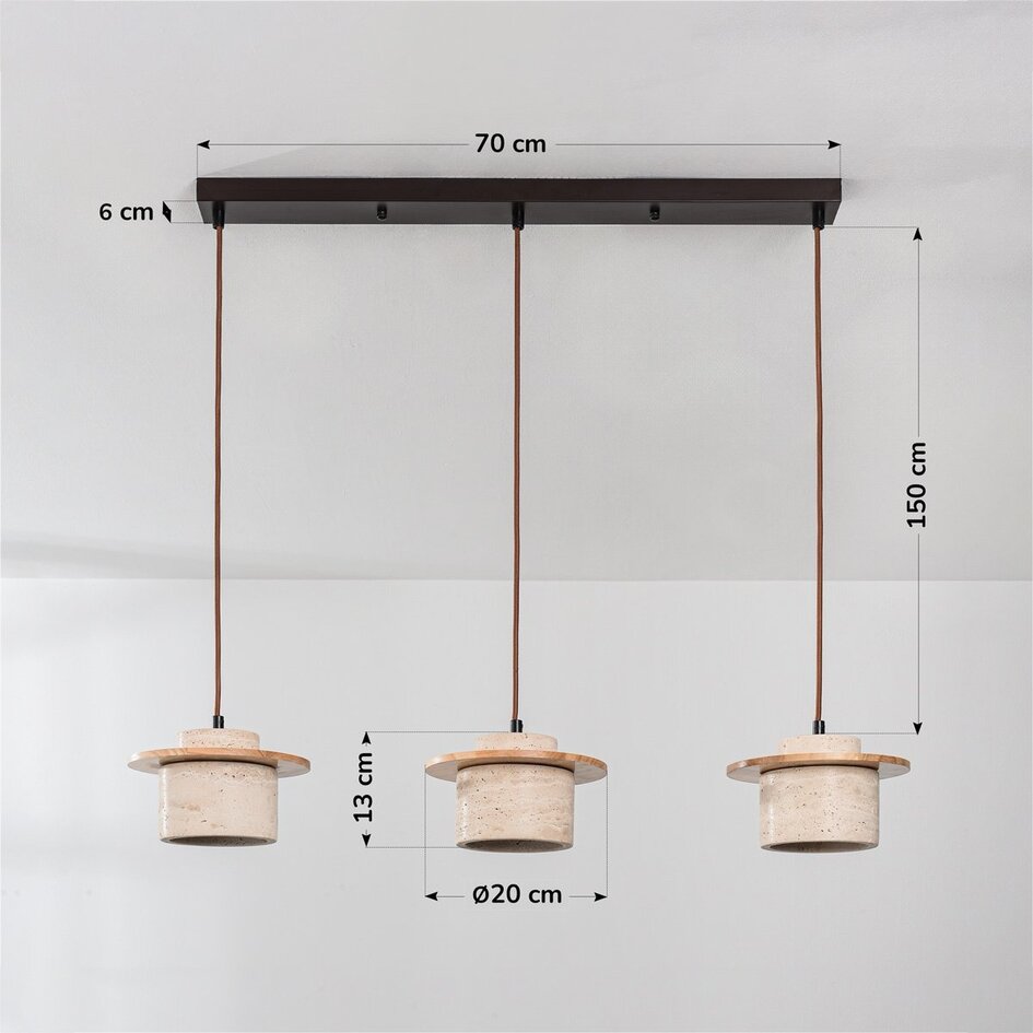 Suspension japandi à 3 lumières Travia en travertin (pierre naturelle) et bois clair