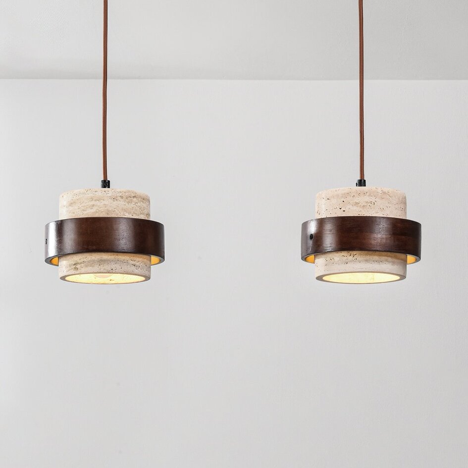 Suspension à 2 lumières Travé en travertin (pierre naturelle) et bois