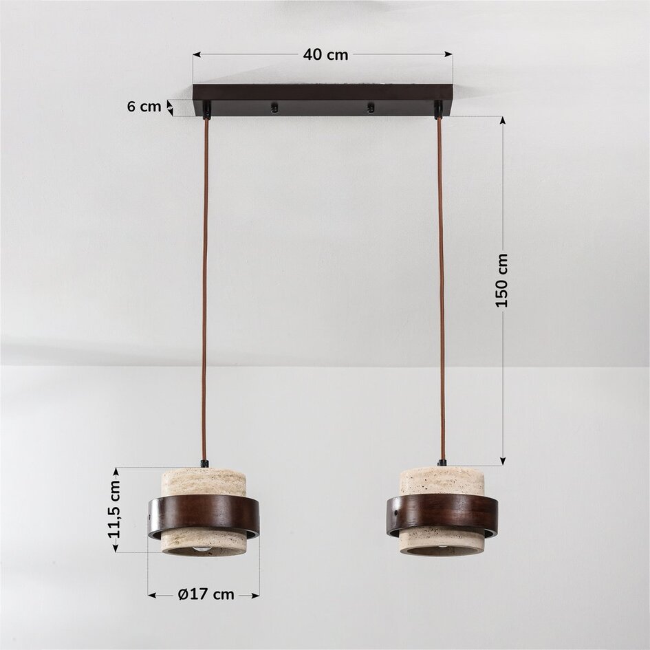 Suspension Travé à 2 lumières - travertin (pierre naturelle) et bois