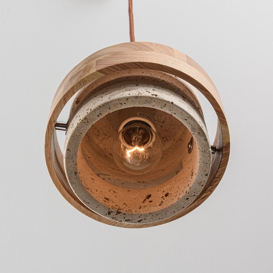 3-lichts hanglamp Travo van travertin (natuursteen) en licht hout