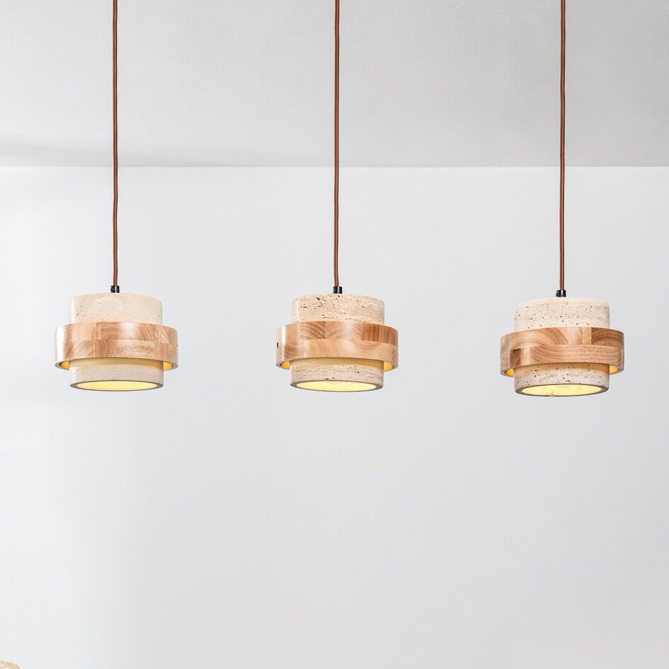 3-lichts hanglamp Travo van travertin (natuursteen) en licht hout
