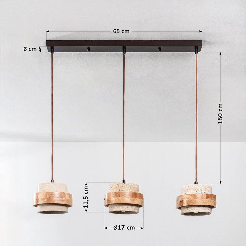 3-lichts hanglamp Travo van travertin (natuursteen) en licht hout