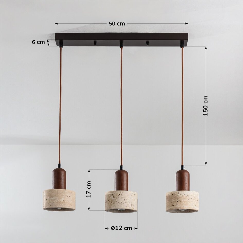 Japandi hanglamp Muro met drie travertin (natuursteen) kappen en houtaccenten