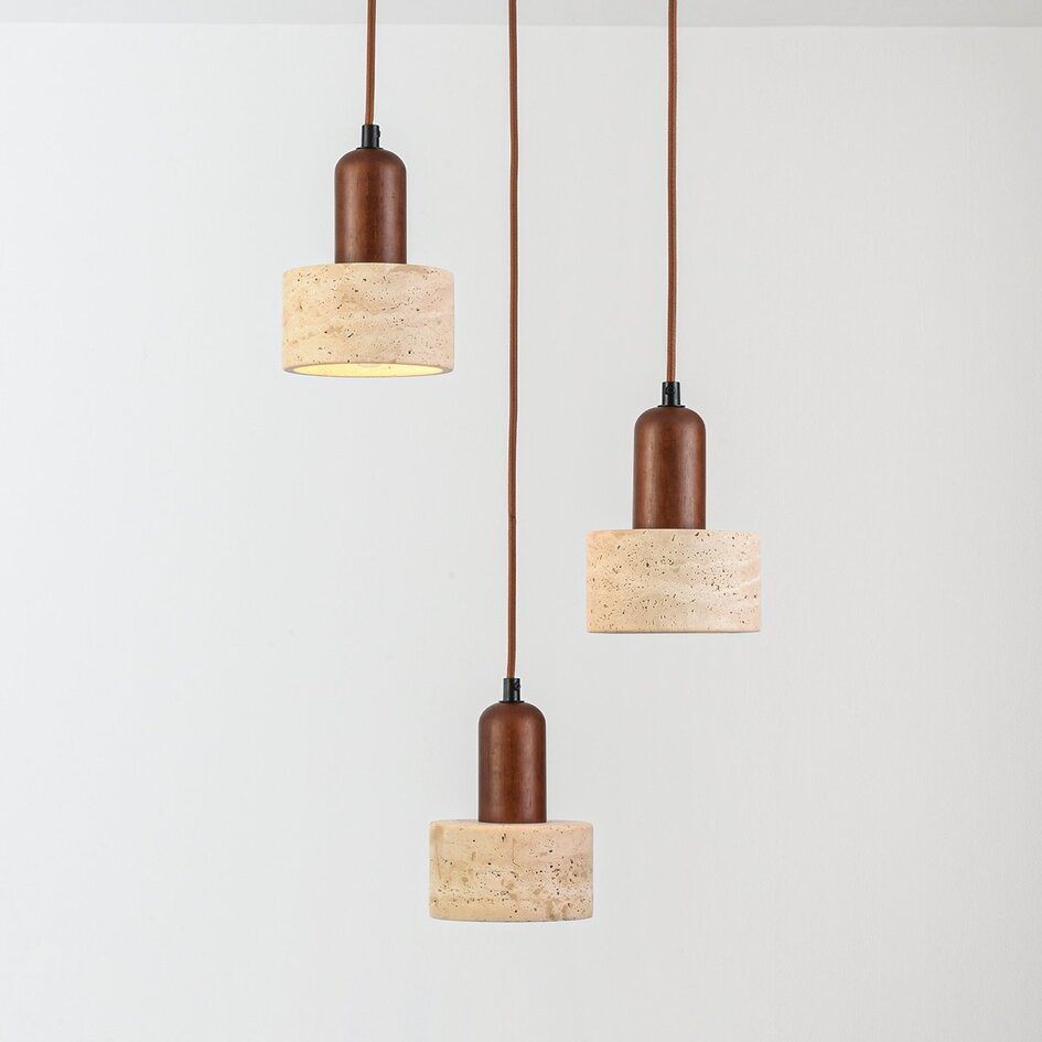 3-lichts Japandi hanglamp Muro van travertin (natuursteen) en hout