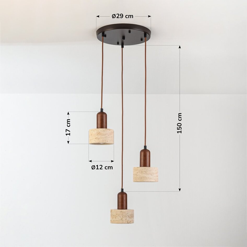 3-lichts Japandi hanglamp Muro van travertin (natuursteen) en hout