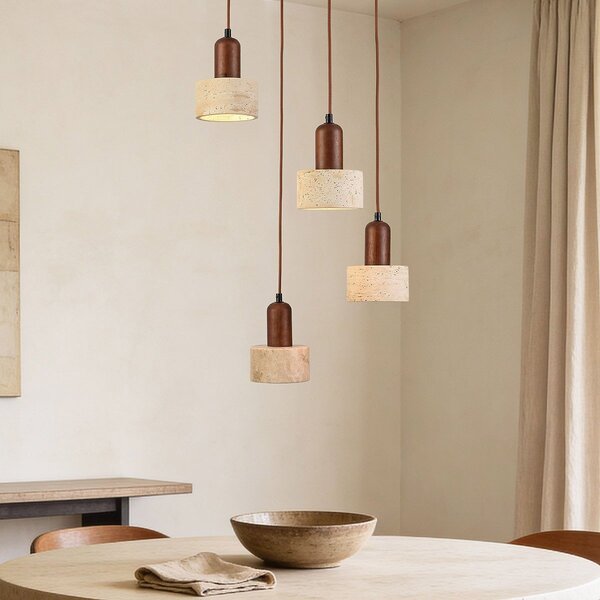 Japandi hanglamp Muro van travertin (natuursteen) en hout, 4-lichts